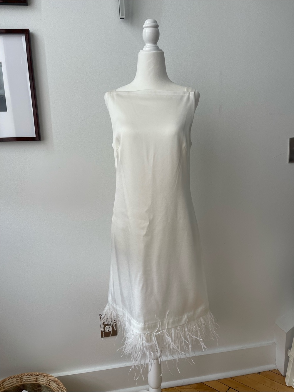 Elegant White Feather Hem Midi Dress NWT